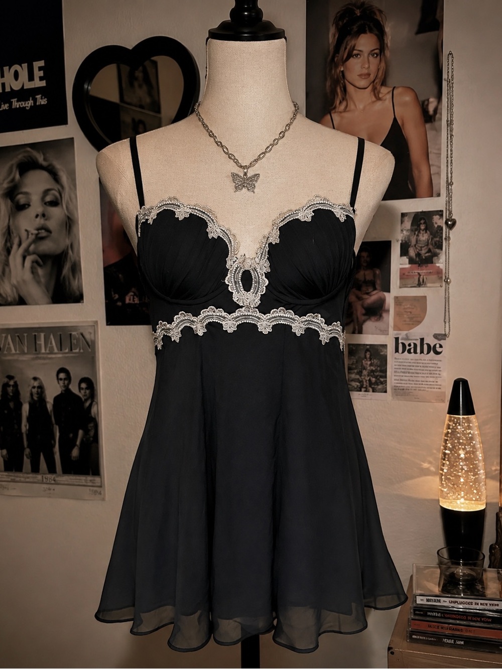 Linea Donatella Slip Dress Vintage Black & White Whimsygoth Fairycore 90s Y2K L